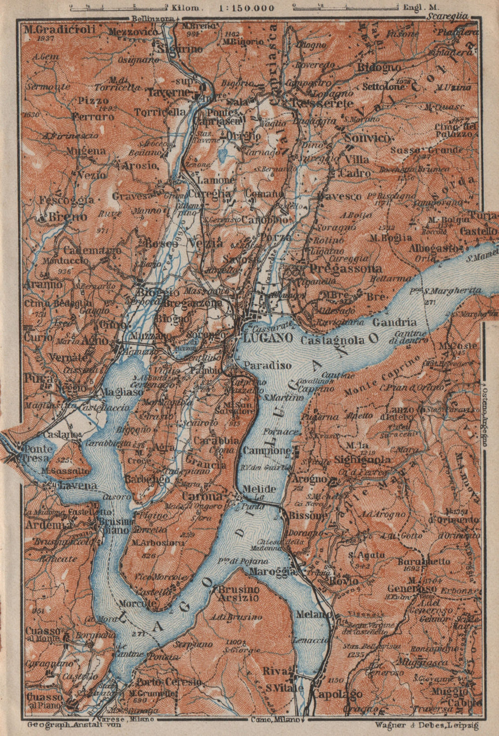 LUGANO ENVIRONS. Lake Lago di. Topo-map. Switzerland Suisse Schweiz 1913