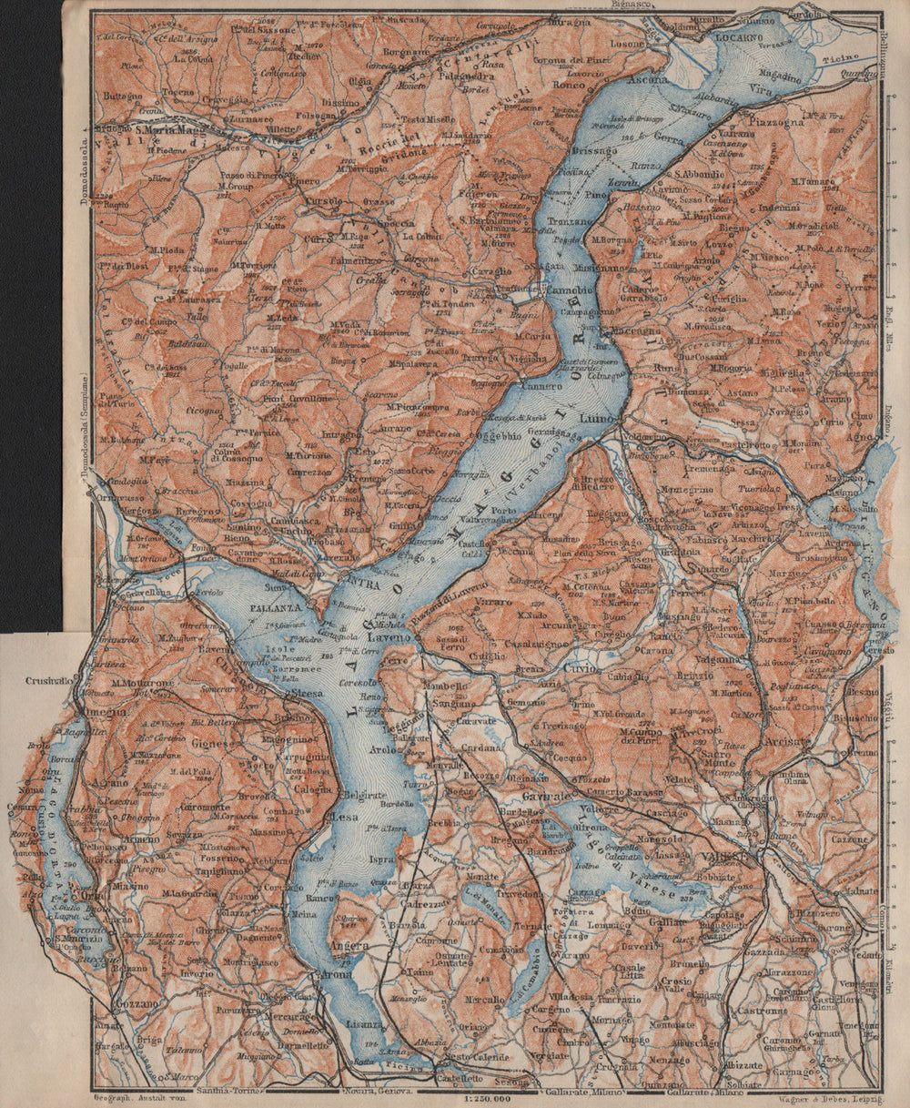 LAGO MAGGIORE. Lake Maggiore. Varese Varesa Pallanza. Topo-map. Italy 1913
