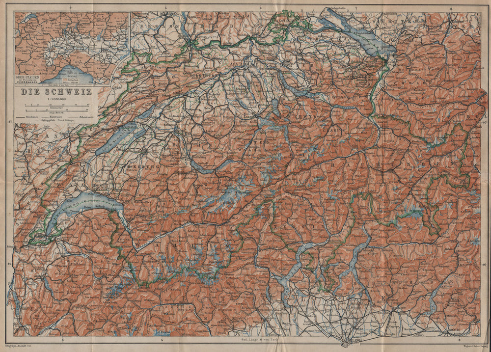 Map of Switzerland Suisse Schweiz. Northern Italy railways carte karte 1920