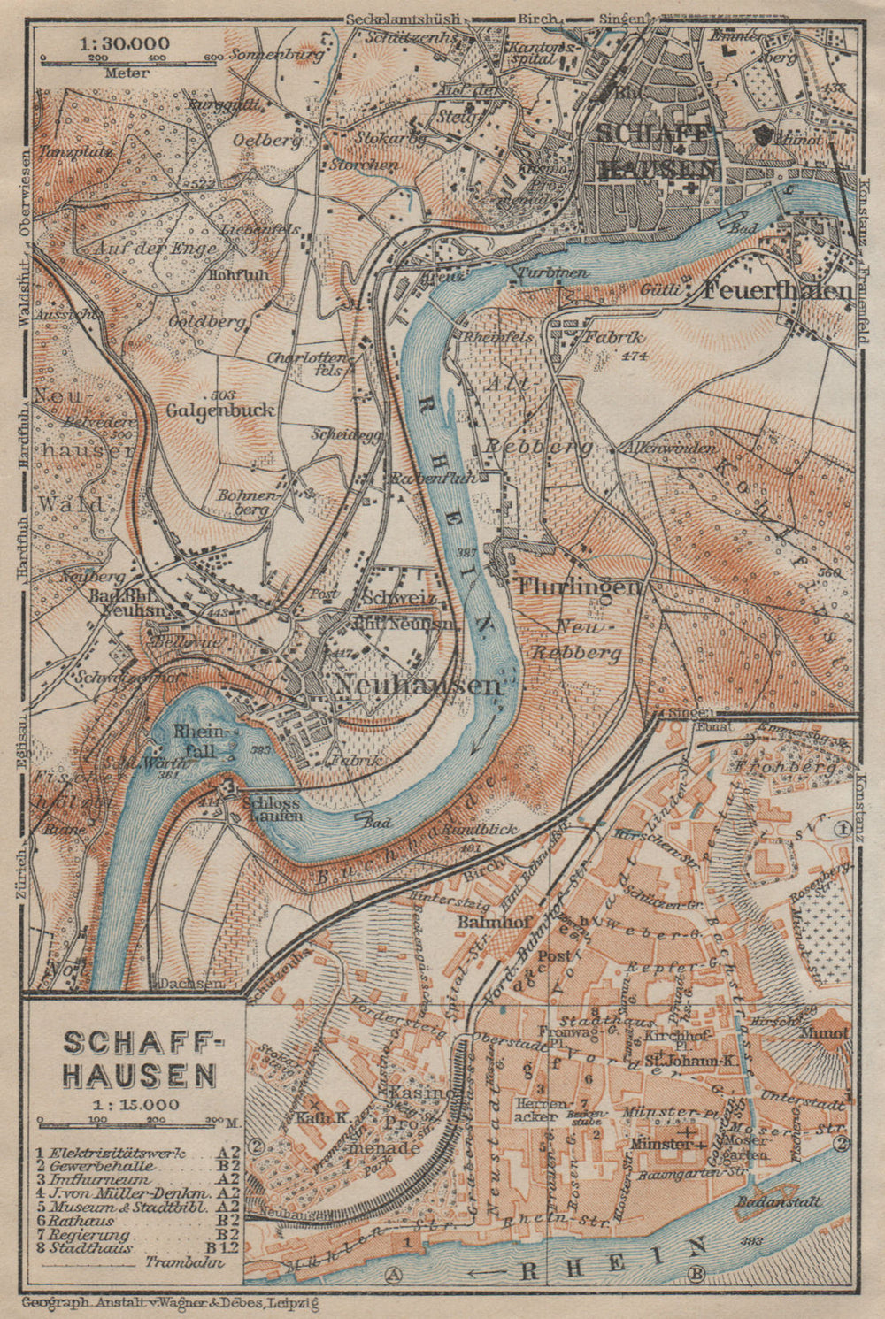 SCHAFFHAUSEN environs. Flurlingen Feuerthalen Neuhausen. Schweiz 1920 old map