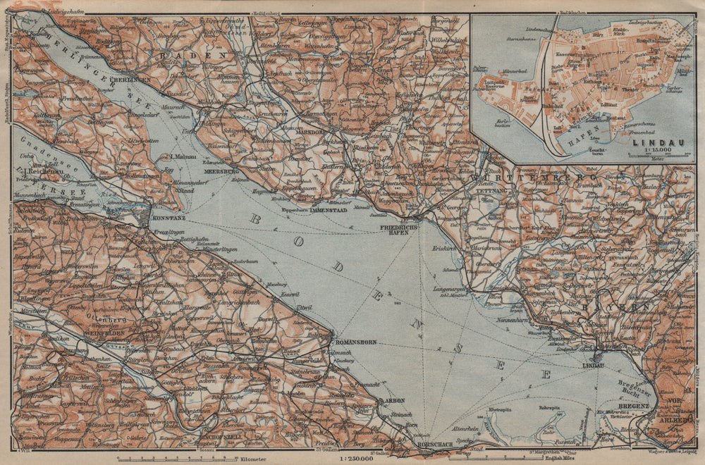 LAKE CONSTANCE inset LINDAU. Konstanz St Gallen Bregenz. Topo-map 1920 old