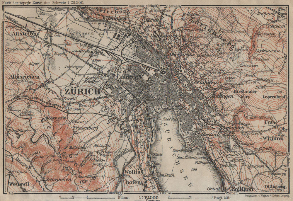 ZÜRICH ENVIRONS. Zurich. Switzerland Suisse Schweiz carte karte 1920 old map