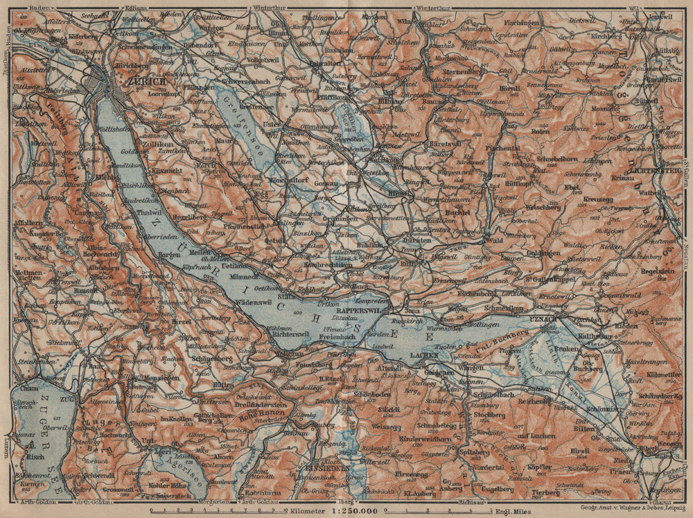 LAKE ZÜRICH. Zuricher See Lachen Utznach.Topo-map. Switzerland Schweiz 1920