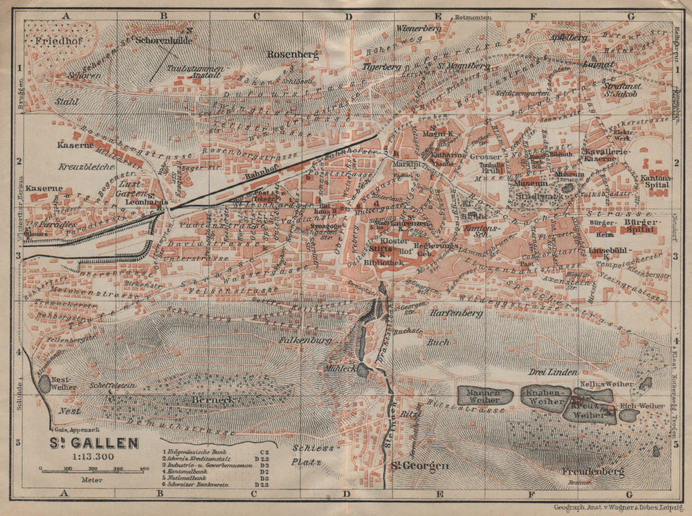 ST. GALLEN. town city stadtplan. Switzerland Suisse Schweiz. BAEDEKER 1920 map