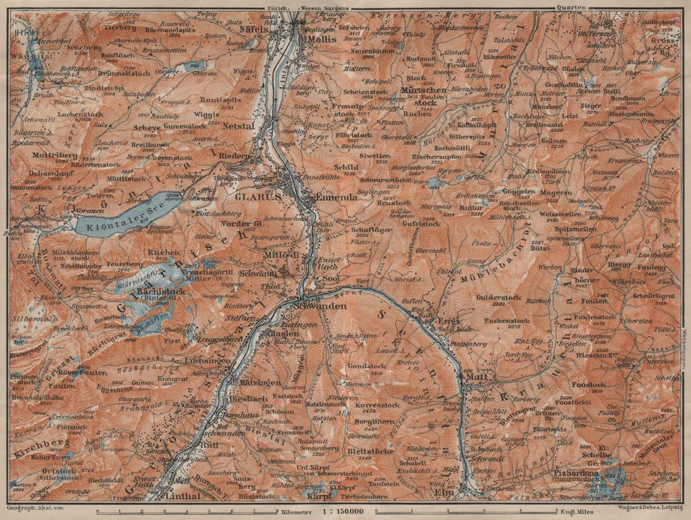 GLARUS area. Braunwald Bächistock Netstall Mollis Näfels Elm. Topo-map 1920