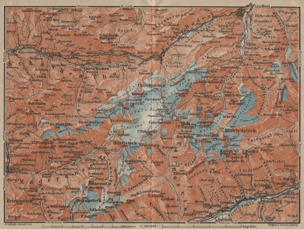 TÖDI DISTRICT. Glarus Alps Linththal Bifertenstock Claridenstock 1920 old map