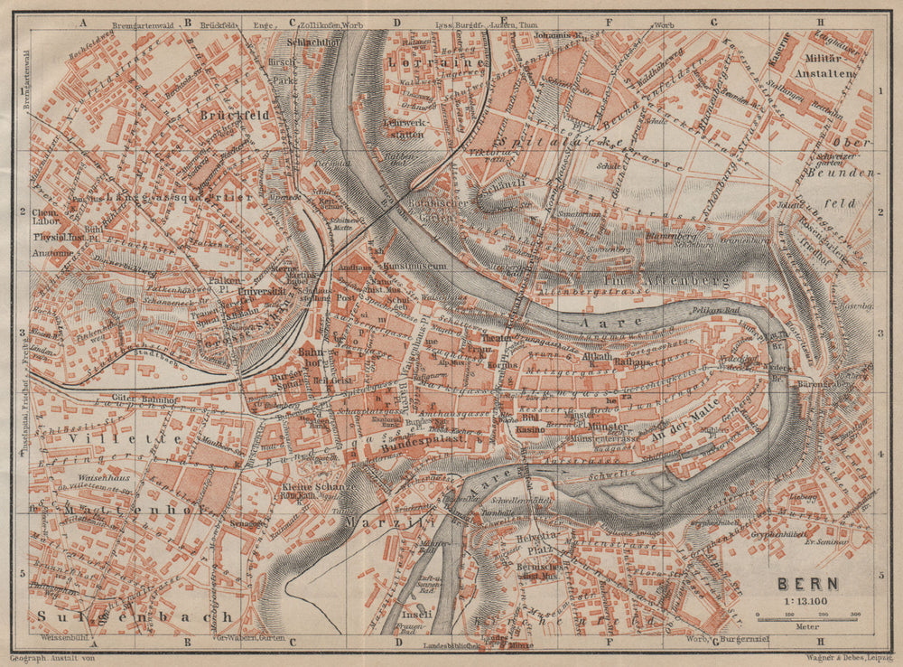BERN BERNE. town city stadtplan. Switzerland Suisse Schweiz. BAEDEKER 1920 map