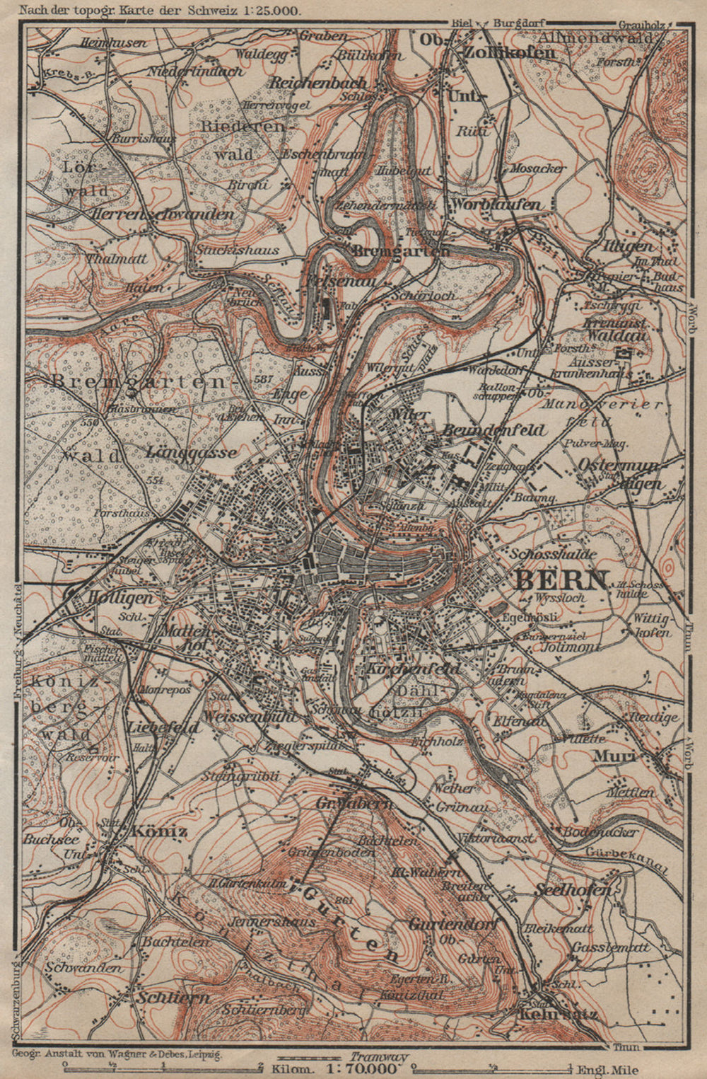 BERN BERNE ENVIRONS. Switzerland Suisse Schweiz carte karte. BAEDEKER 1920 map