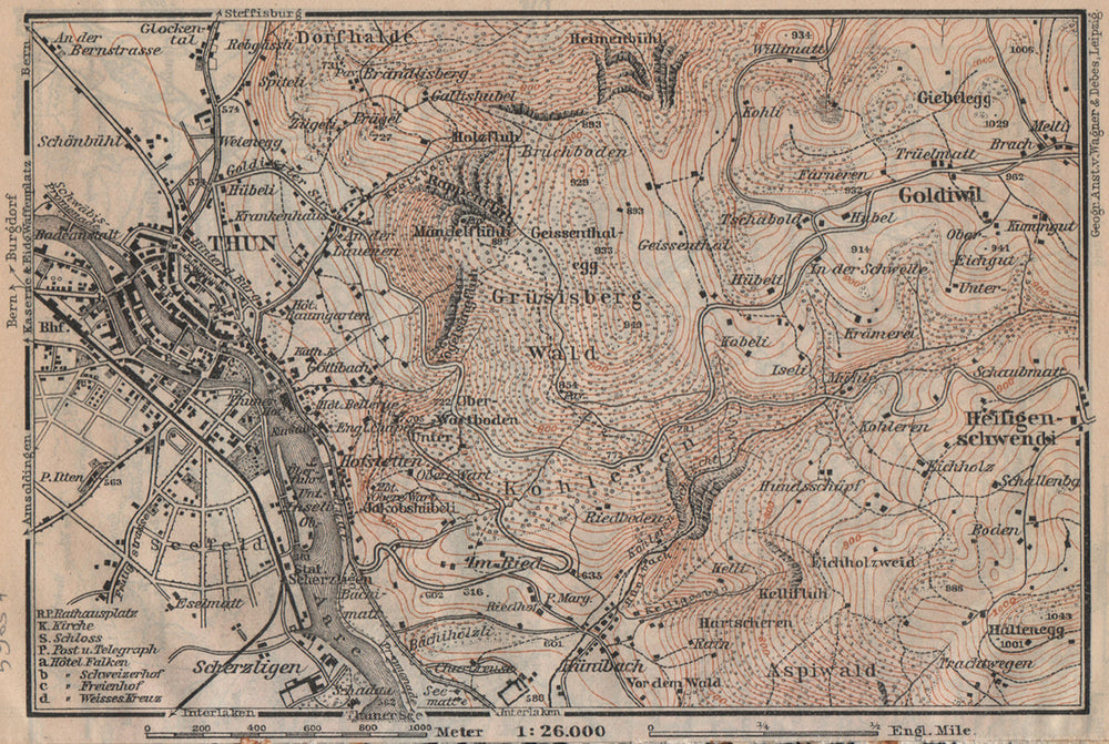 THUN ENVIRONS. Goldiwyl. Switzerland Suisse Schweiz carte karte 1920 map