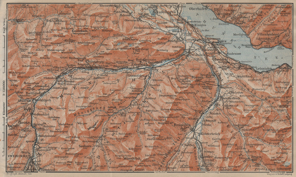THUNER SEE. SIMME/KANDER VALLEYS. Gantrisch Spiez Frutigen Oberwil 1920 map