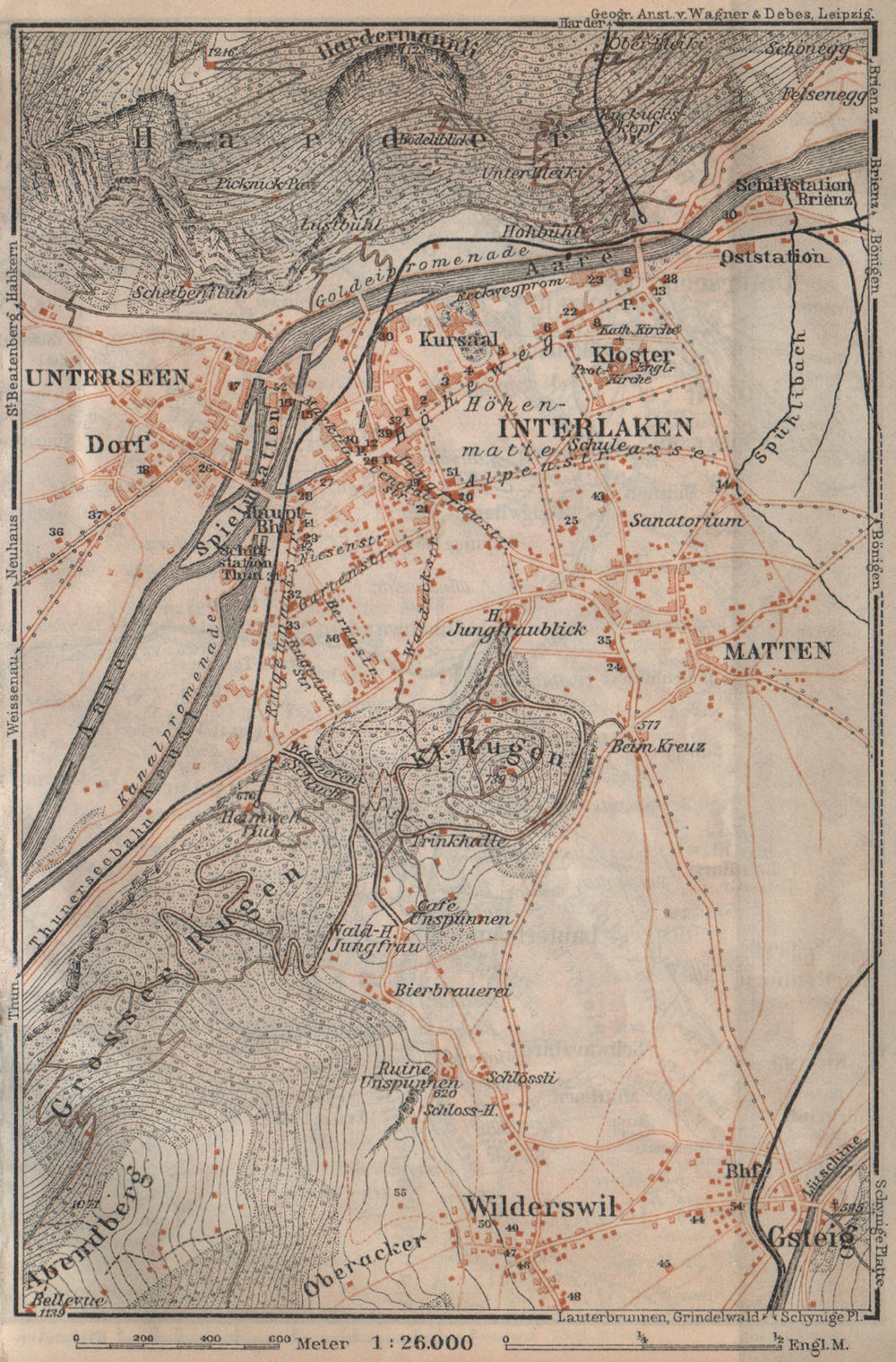 INTERLAKEN ENVIRONS. Unterseen Matten Aarmuhle Wilderswyl. Schweiz 1920 map
