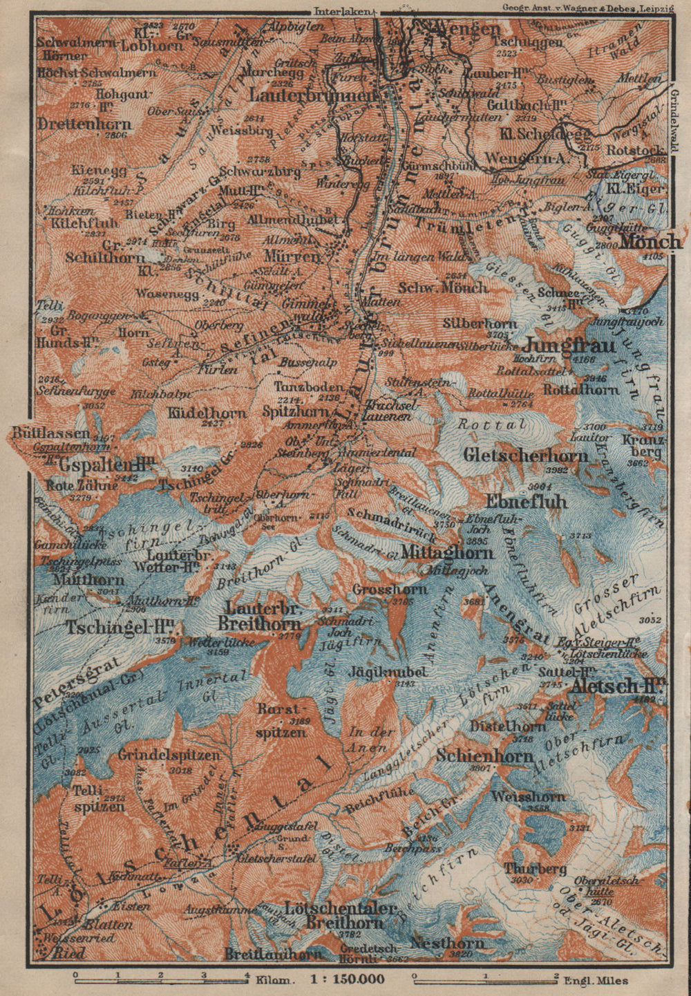 UPPER LAUTERBRUNNEN VALLEY/WALL. Mürren Grosshorn Breithorn Jungfrau 1920 map