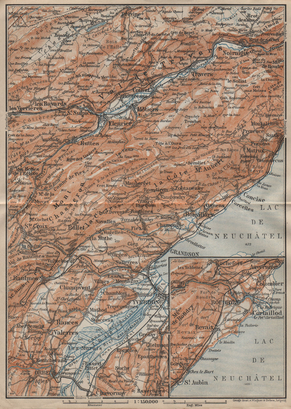 JURA. Val-de-Travers Orbe Noiraigue Yverdon Grandson Môtiers Buttes 1920 map