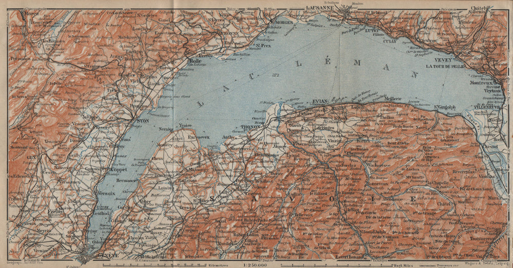 LAKE GENEVA/LAC LÉMAN. St Cergue Chatel St Jean d'Aulph Lausanne Evian 1920 map