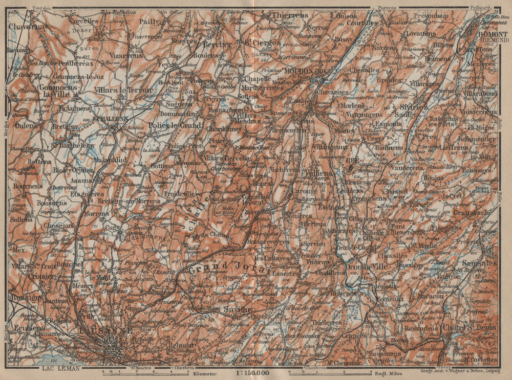 PAYS DE VAUD North. Lausanne Moudon Romont Jorat Moudon Echallens 1920 old map