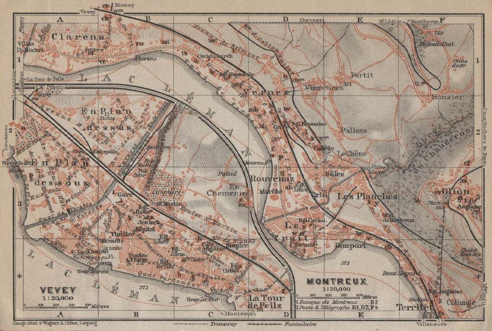 MONTREUX. VEVEY. Clarens. town city plan. Switzerland Suisse Schweiz 1920 map