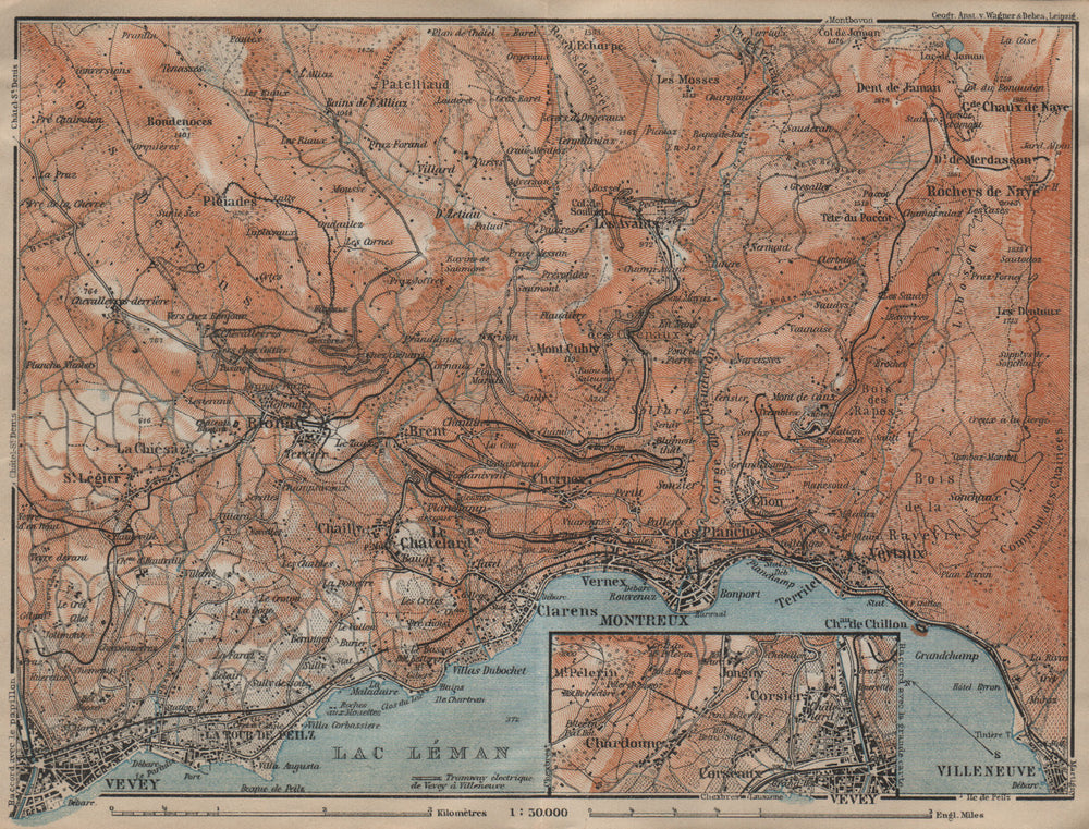 MONTREAUX AREA. Vevey Villneuve. Topo-map. Switzerland Suisse Schweiz 1920