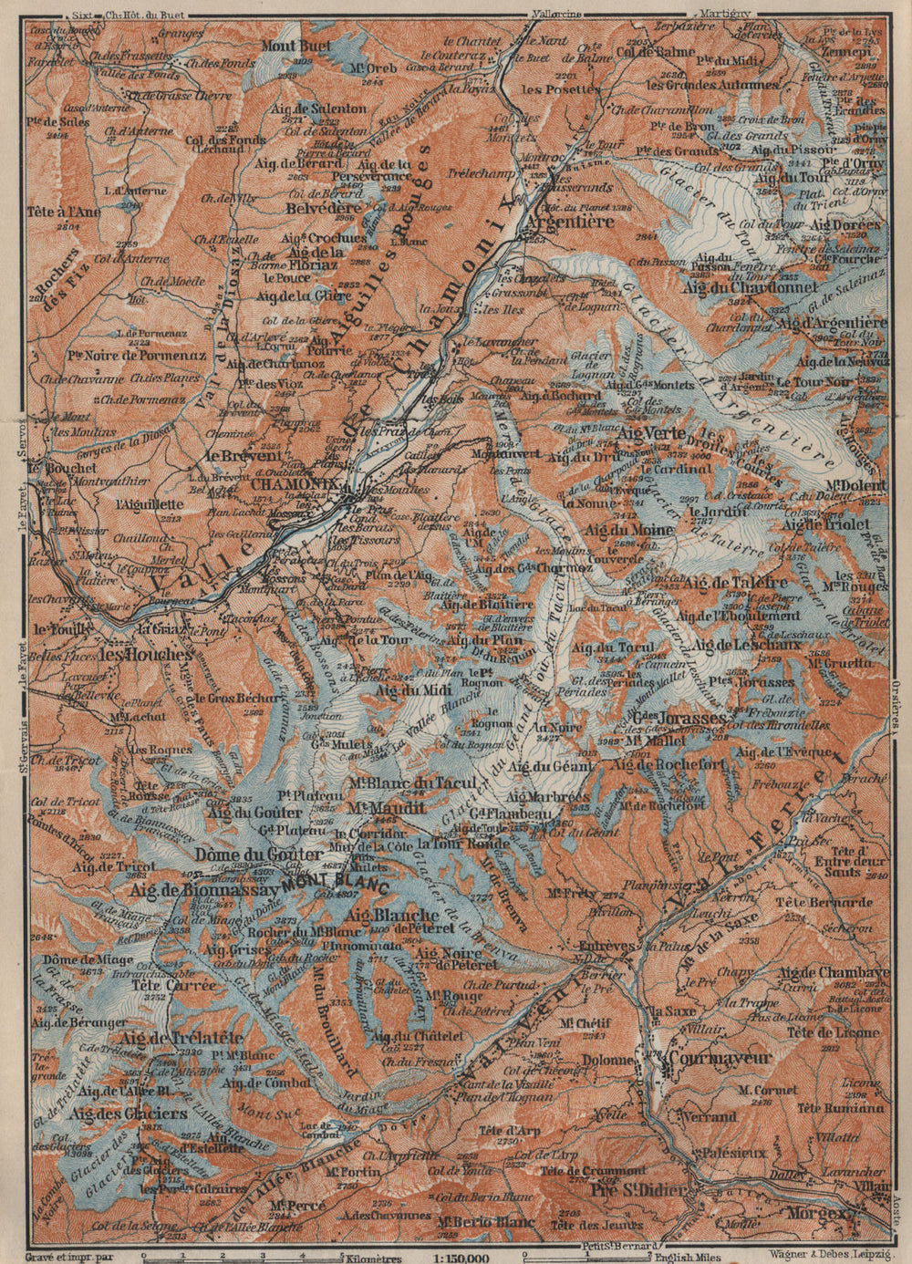 CHAMONIX & MONT BLANC MASSIF. Argentière Les Houches Courmayeur carte 1920 map