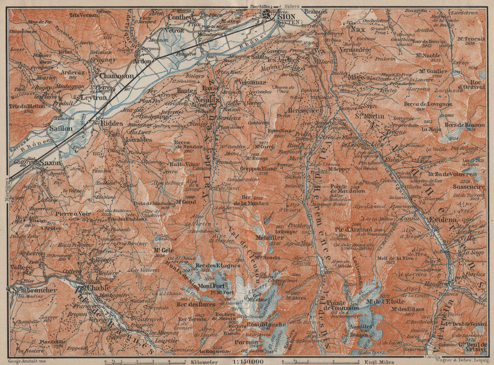 Area south of SION. Verbier Riddes Nendaz Veysonnaz Hérens Entremont 1920 map