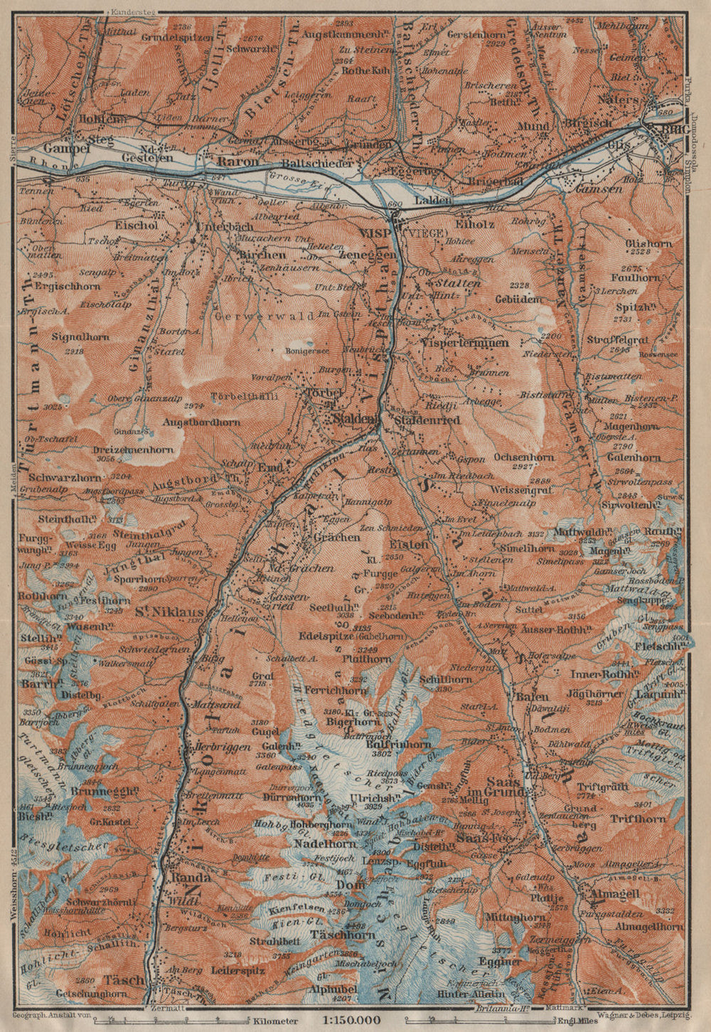 STALDEN/SAAS-FEE AREA. Mischabel Group Grächen Dom Raron Randa Visp 1920 map