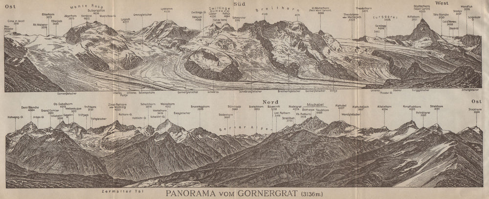GORNERGRAT PANORAMA. Zermatt Monte Rosa Breithorn Matterhorn Mischabel 1920 map