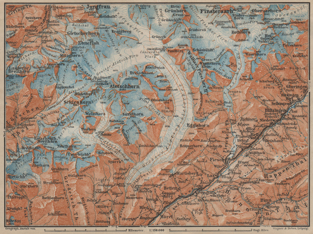 ALETSCHHORN DISTRICT. Fiesch Mörel Jungfrau Nesthorn Grengiols 1920 old map