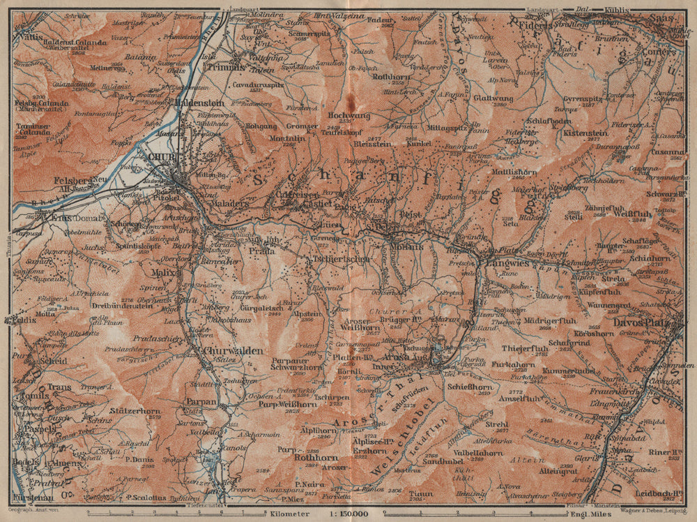COIRE/CHUR SCHANFIGG AROSA ENVIRONS. Davos Klosters Lenzheide Trimnns 1920 map