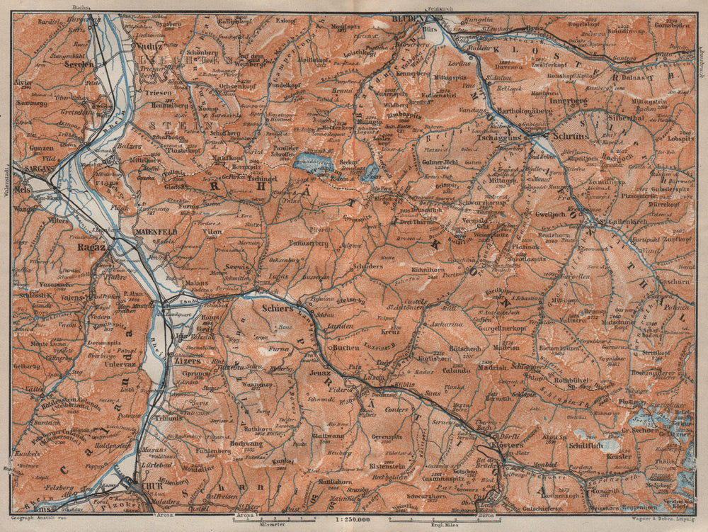 BAD RAGAZ PRÄTIGAU MONTAFON ENVIRONS. Wangs Rätikon Bludenz Maienfeld 1920 map