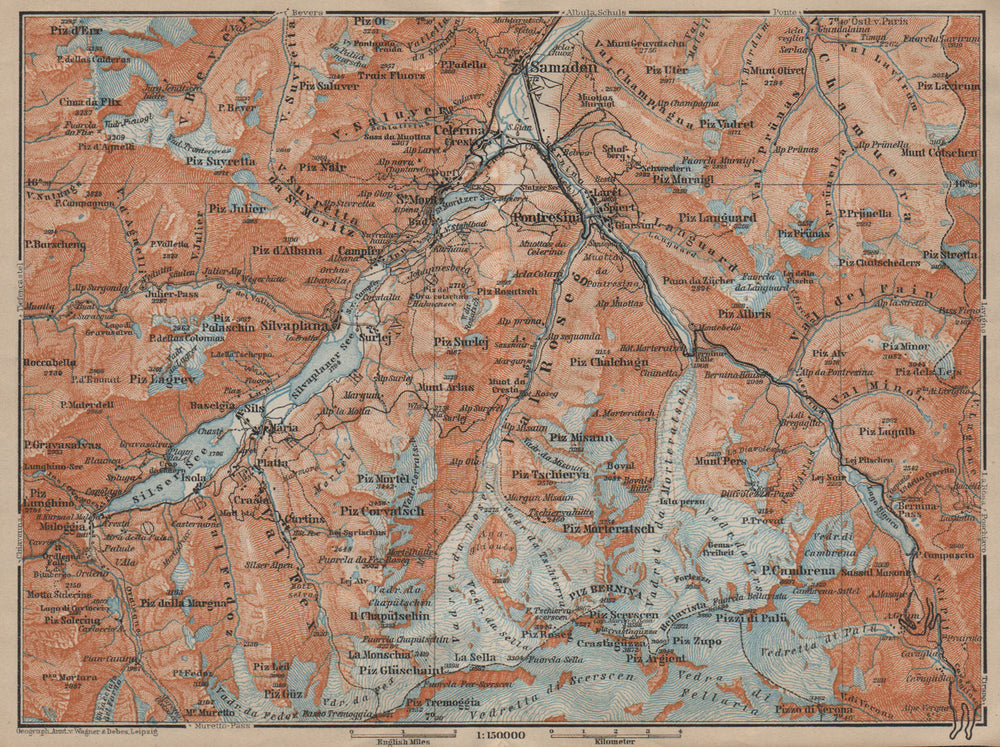 UPPER ENGADINE. St Moritz Celerina Pontresina Sils-Maria Bernina Range 1920 map