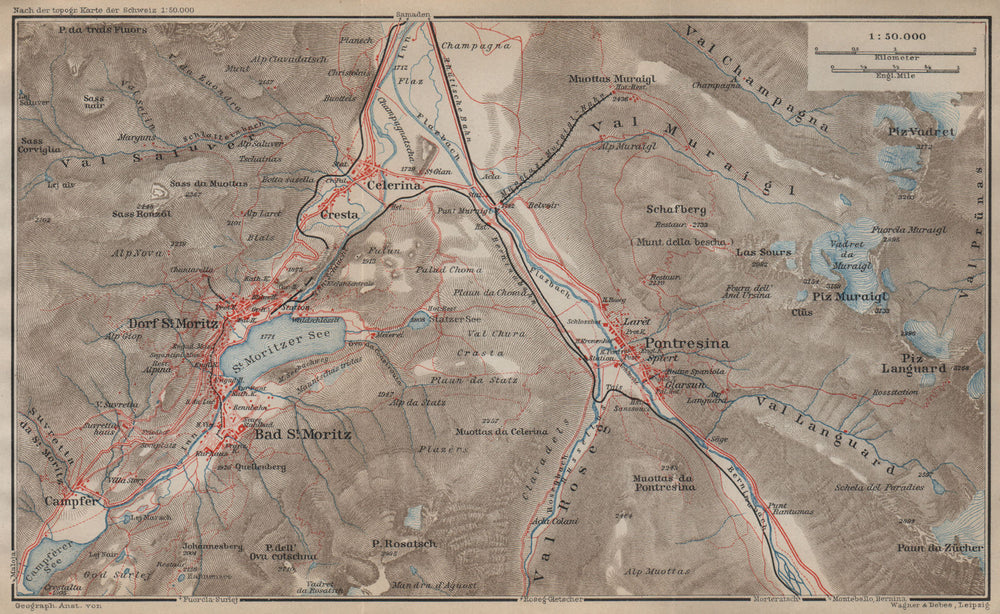 ST MORITZ & PONTRESINA. Celerina Cresta Piz Vadret/Muraigl/Languard 1920 map