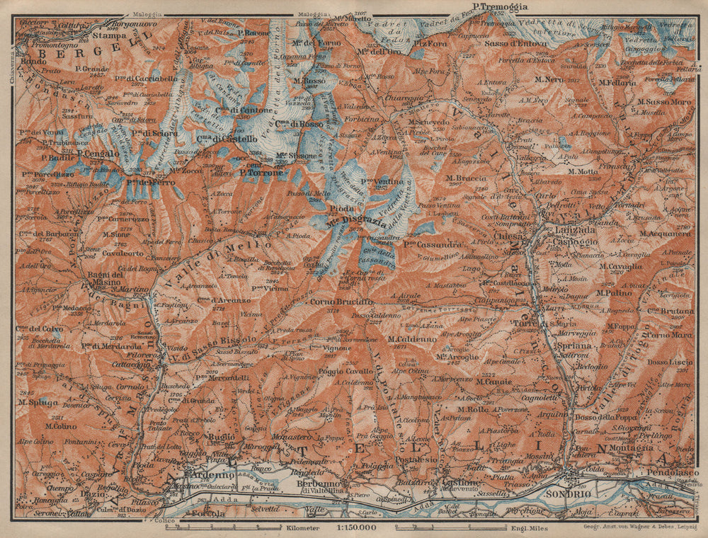 VAL MASINO/BREGAGLIA ALPS. Disgrazia Caspoggio Tellina Malenco Sondrio 1920 map