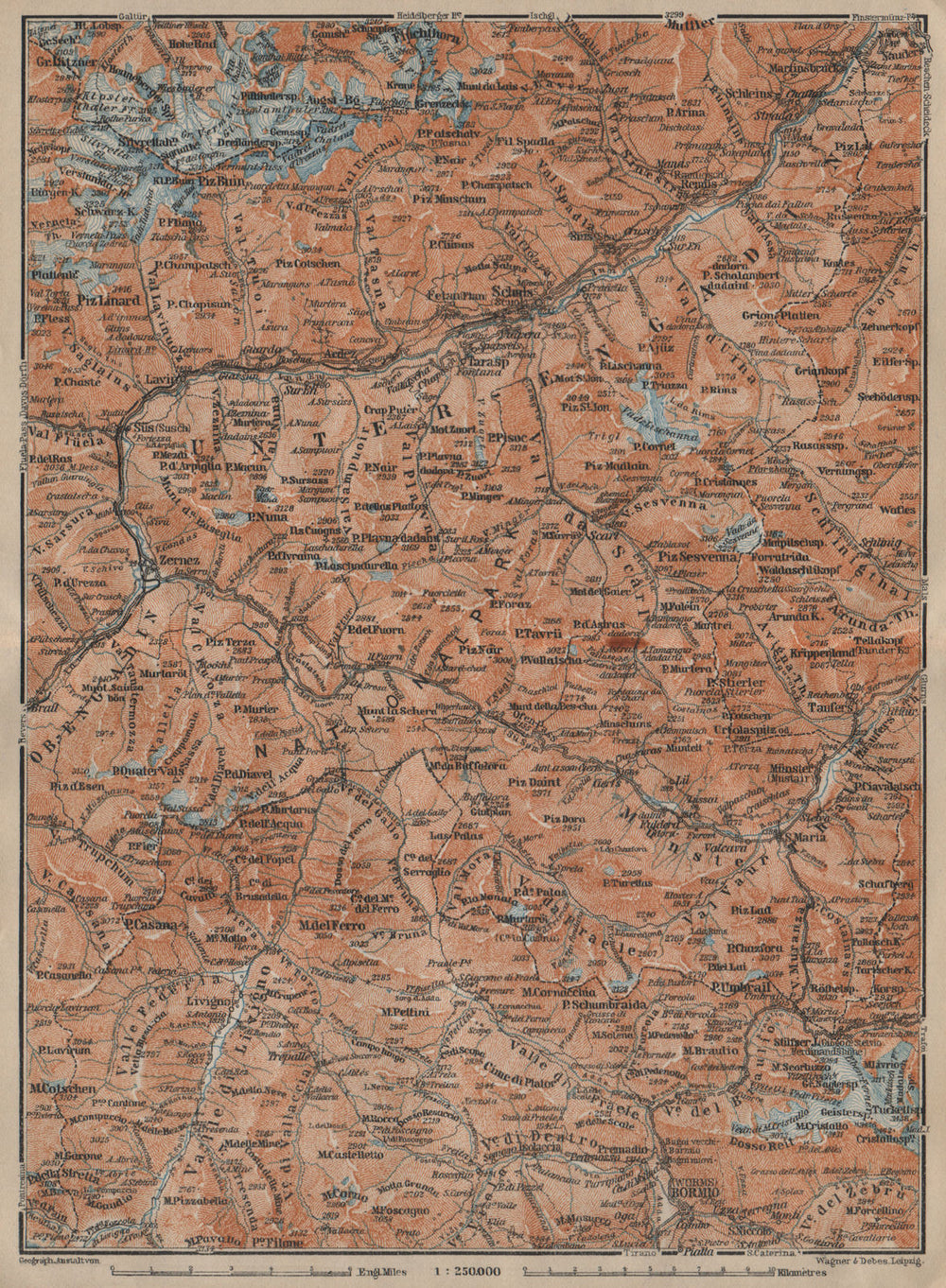 LOWER ENGADINE. Livigno Bormio Ftan Scuol Silvretta Range Piz Buin 1920 map