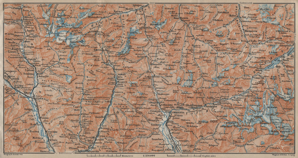 LUKMANIER to MALOJA.Sils Maria Bivio Madesimo Chiavenna San Bernardino 1920 map