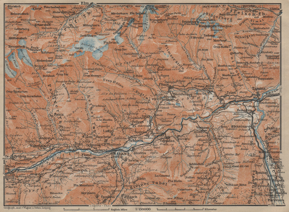 ILANZ & FLIMS AREA. Laax Obersaxen Mundaun Brigels Waltensburg Tamins 1920 map