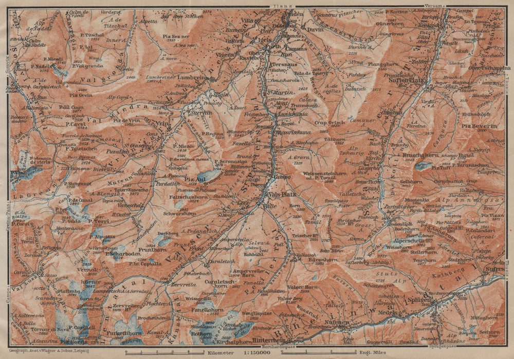 LUGNETZTAL SURSELVA. Valserrhein Furketlihorn Hinterrhein Splügen 1920 old map