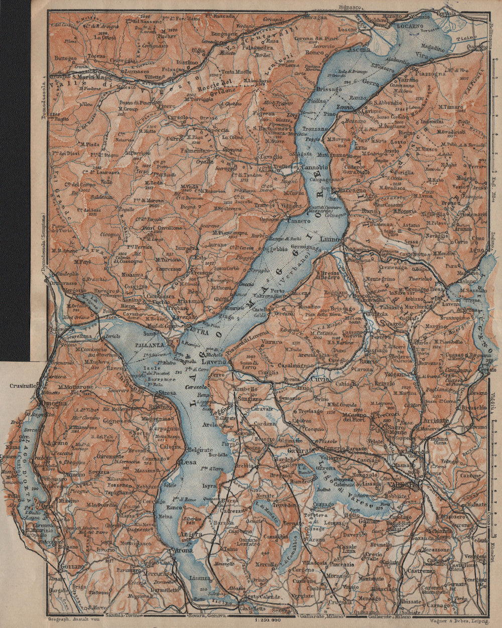 LAGO MAGGIORE. Lake Maggiore. Varese Varesa Pallanza. Topo-map. Italy 1920
