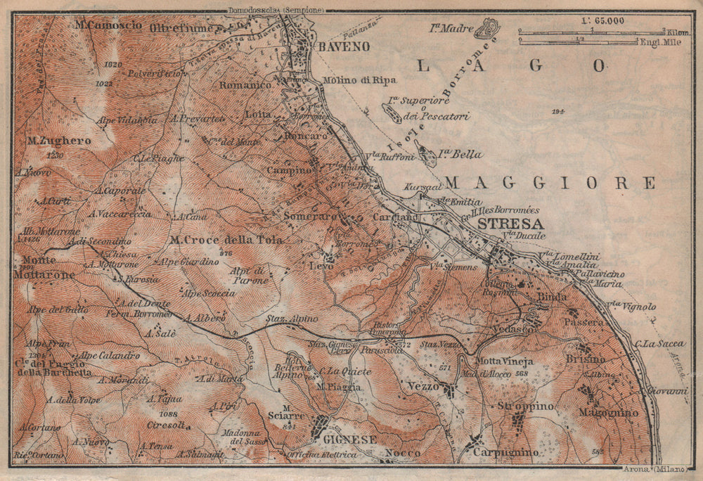STRESA ENVIRONS. Baveno Gignese. Italy mappa. BAEDEKER 1920 old antique