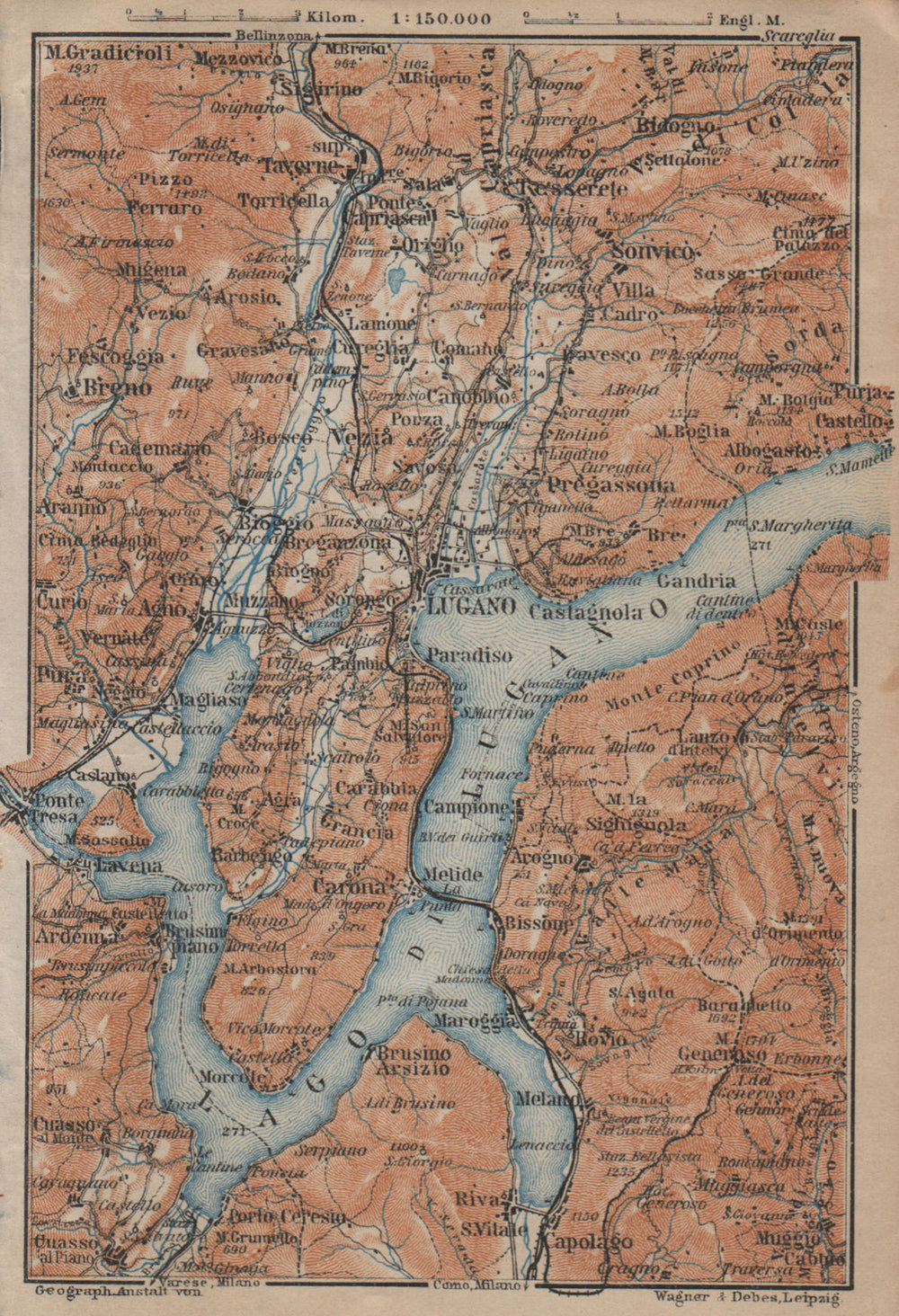 LUGANO ENVIRONS. Lake Lago di. Topo-map. Switzerland Suisse Schweiz 1920