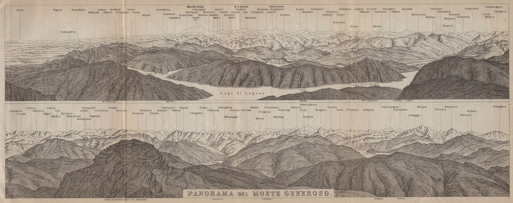 MONTE GENEROSO PANORAMA. Lugano Como Maggiore Rosa Mischabel Disgrazia 1920 map