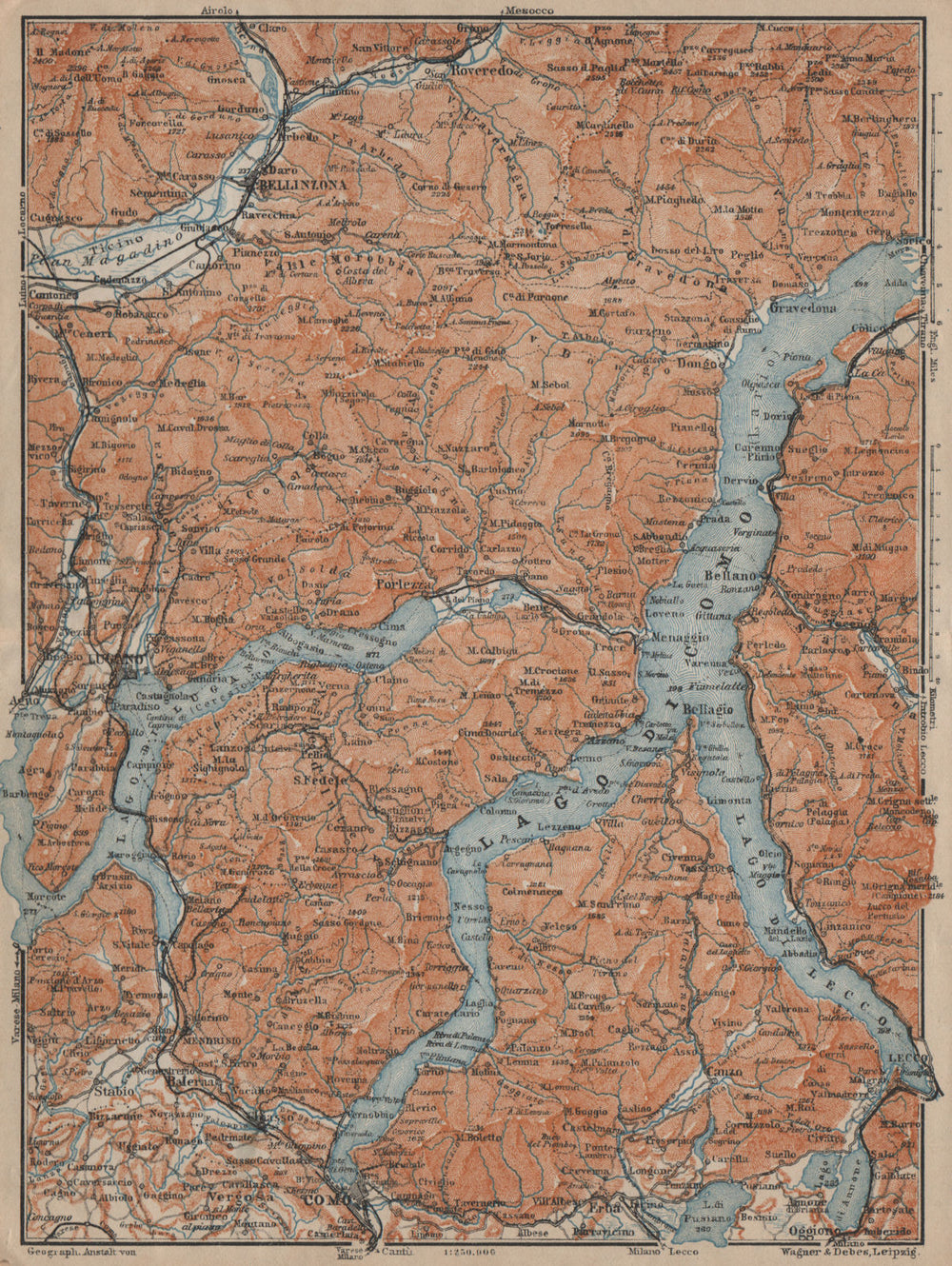 LAKES/LAGO DI COMO & LUGANO. Lecco Bellinzona. Topo-map. Italy mappa 1920