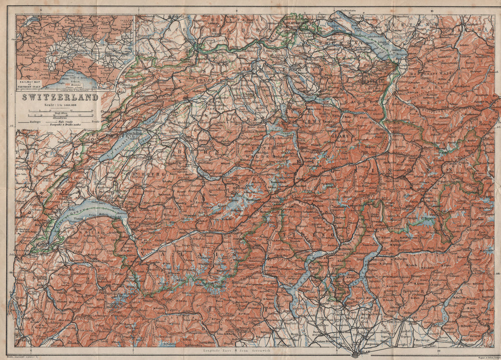Map of Switzerland Suisse Schweiz. Northern Italy railways carte karte 1922
