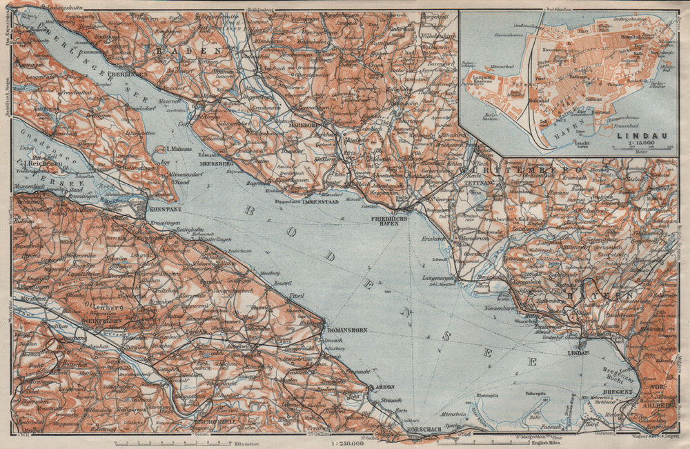 LAKE CONSTANCE inset LINDAU. Konstanz St Gallen Bregenz. Topo-map 1922 old