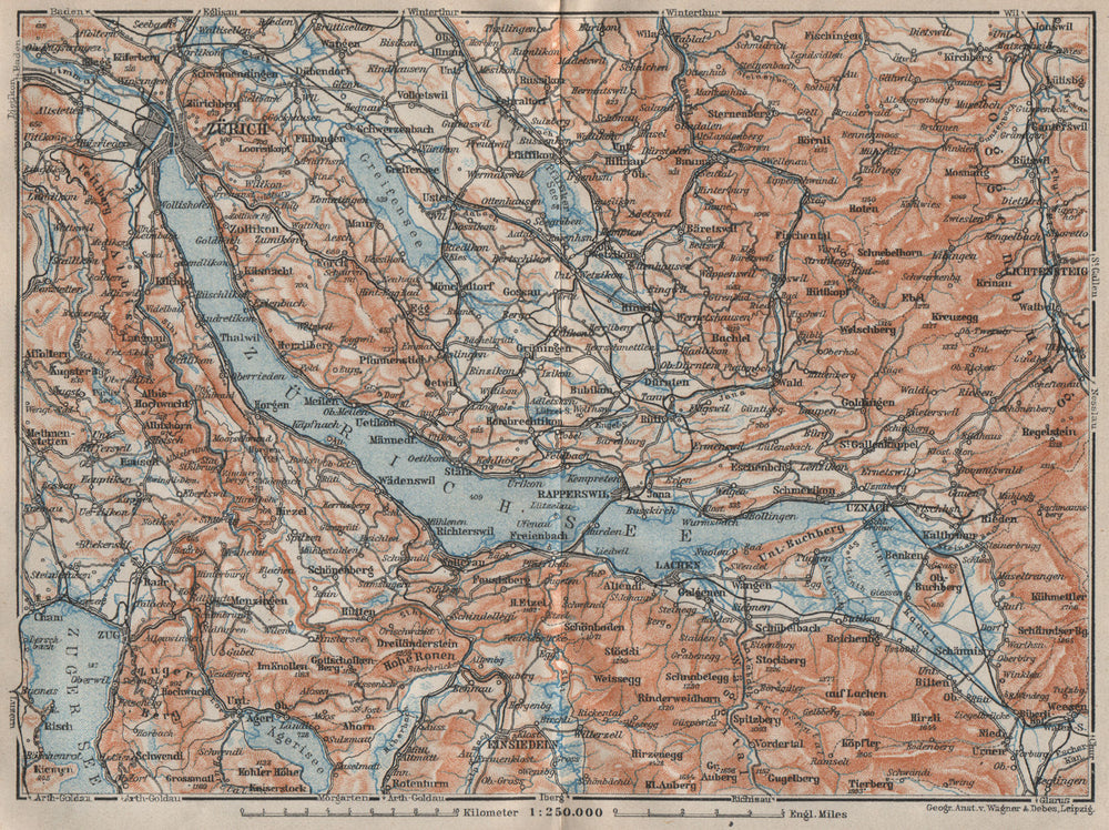 LAKE ZÜRICH. Zuricher See Lachen Utznach.Topo-map. Switzerland Schweiz 1922