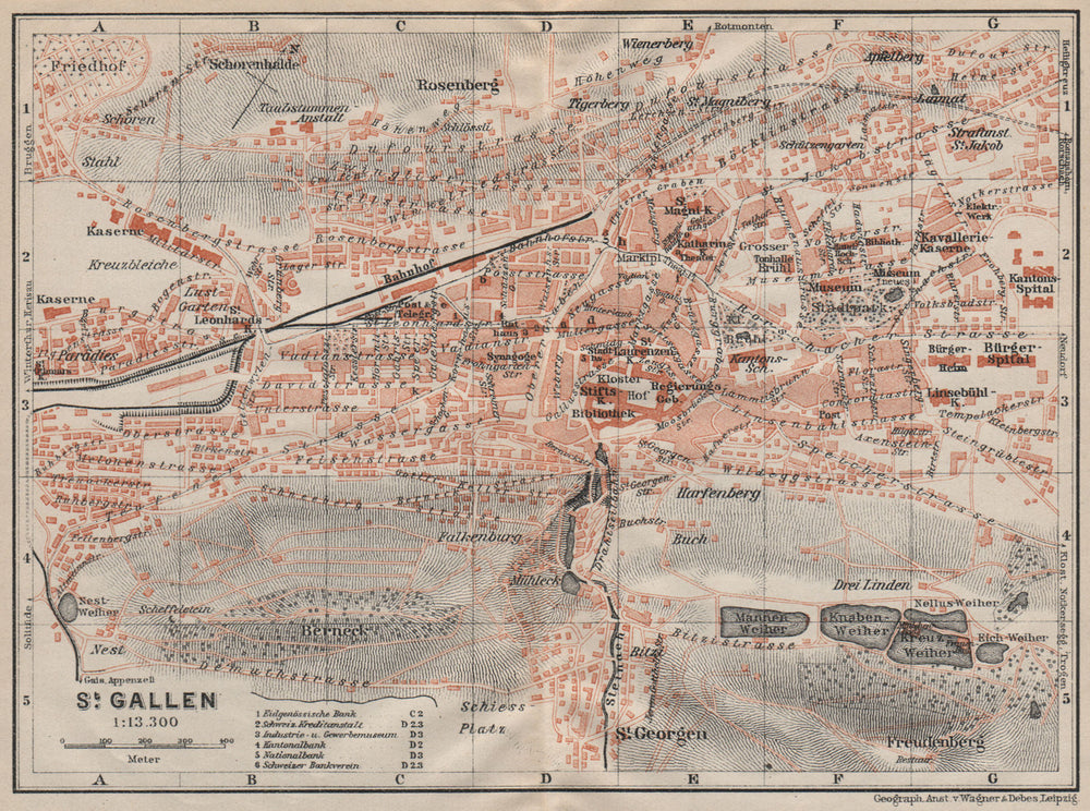 ST. GALLEN. town city stadtplan. Switzerland Suisse Schweiz. BAEDEKER 1922 map