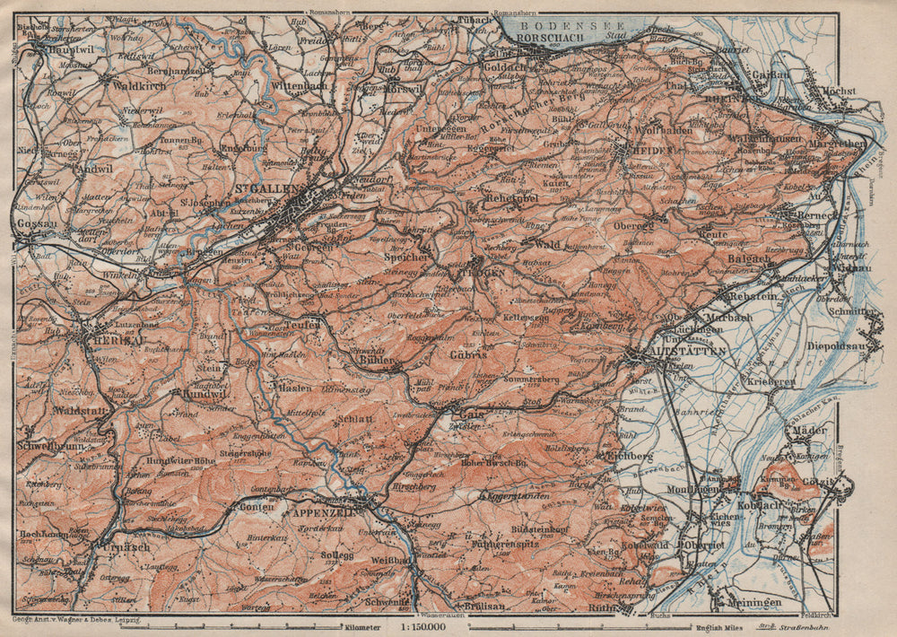 ST GALLEN/APPENZELL area. Herigau Altstätten Heiden Rheineck Rorschach 1922 map