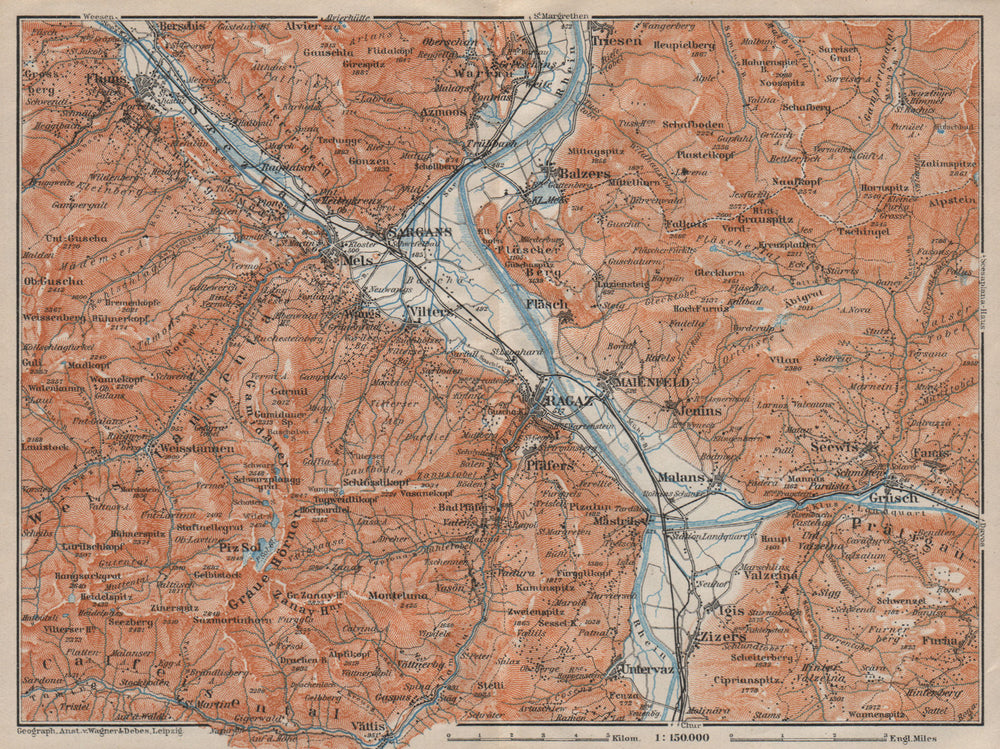 BAD RAGAZ. Malbun Flums Wangs Pizol Sargans Grusch Malans Maienfeld 1922 map
