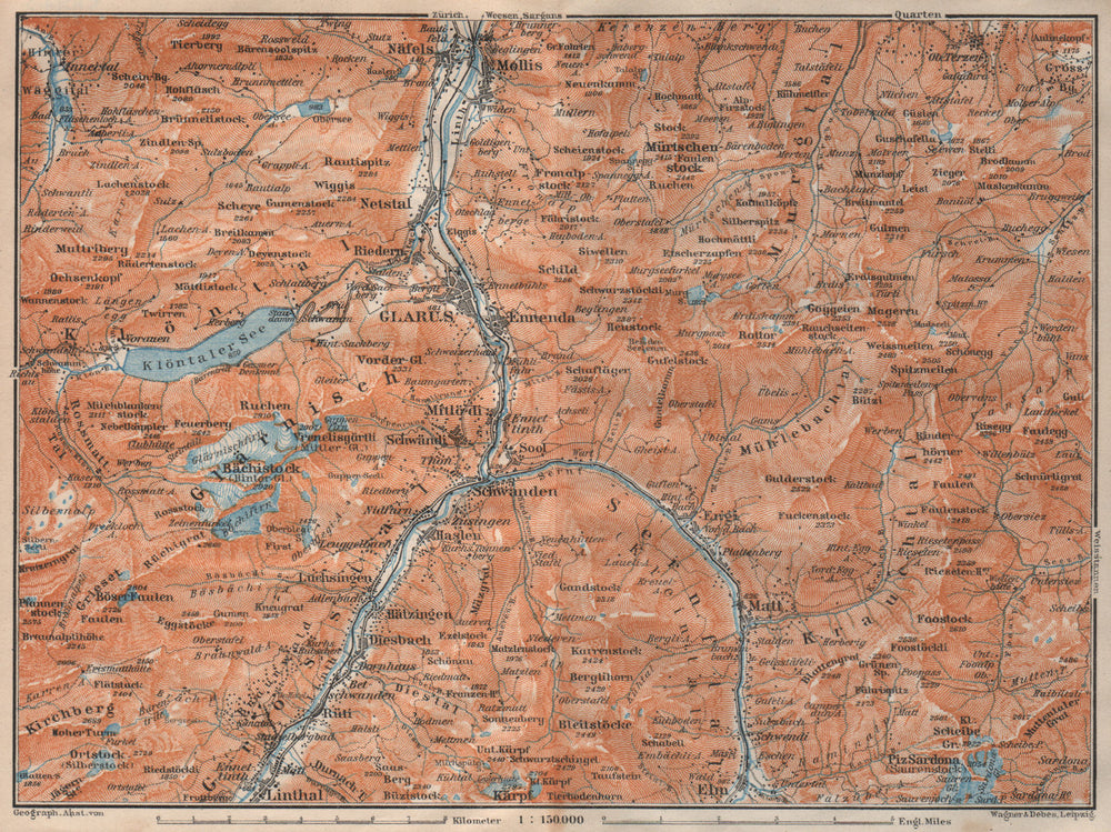 GLARUS area. Braunwald Bächistock Netstall Mollis Näfels Elm. Topo-map 1922