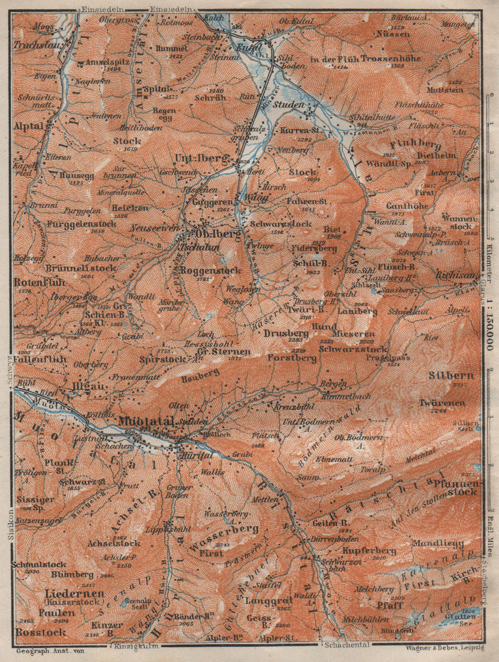 MUOTATHAL PRAGEL & SIHLTAL. Silbern Liedernen (Kaiserstock) Iberg 1922 old map