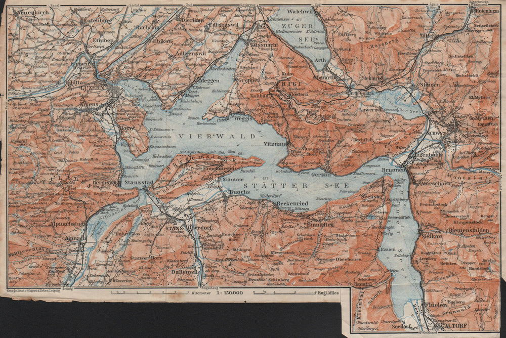 LAKE LUCERNE Vierwaldstättersee. Luzern Stans Weggis Brunnen Schwyz 1922 map