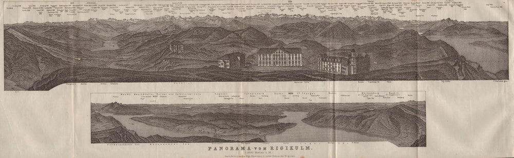 PANORAMA from/von RIGIKULM 1800m. Küssnacht. Switzerland Schweiz 1922 old map